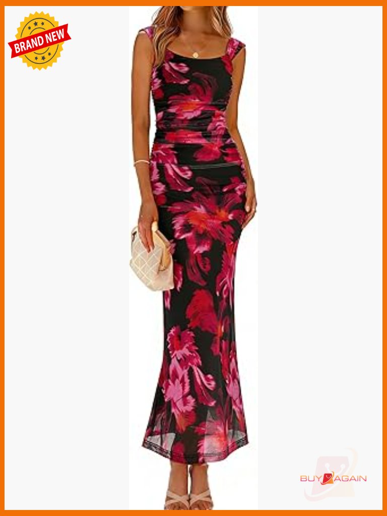 Formal Sleeveless Maxi Dress With Ruched Waist & Square Neck - Wedding Guest